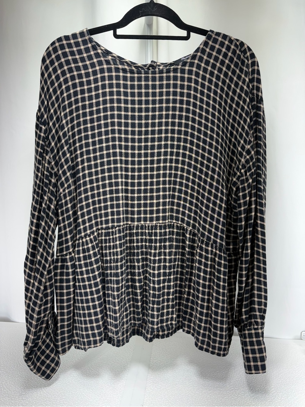 Madewell Black and Cream Checked Peplum Tunic 4622